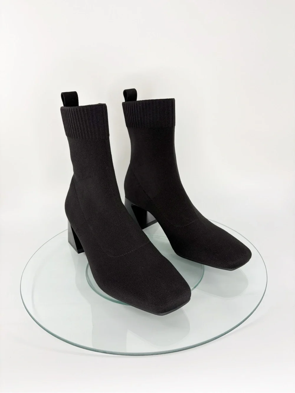 Vivaia Regina Pro Sock Ankle Boots Black Knit Square Toe Block Heel Size 38/7.5